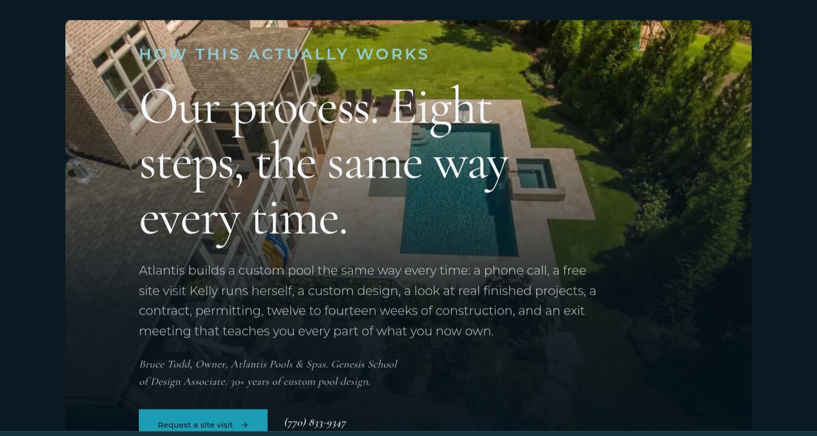 Atlantis Pools process page: eight steps, the same way every time